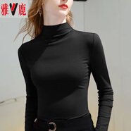 雅鹿長(cháng)袖女半高領(lǐng)德絨修身內搭純色打底衫秋冬季新款上衣保暖T 黑色 2XL