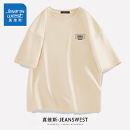 真維斯（Jeanswest）白色短袖t恤男夏季青少年男生純棉半袖衣服寬松潮流休閑重磅體恤 淺米(綠色名牌胸標) S (體重85-100斤左右)