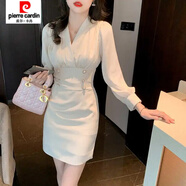 皮爾卡丹（pierre cardin）感氣質(zhì)名媛御姐女神范雙排扣顯瘦連衣裙秋小香風(fēng)修身包臀禮服 杏色 2XL 123-133斤