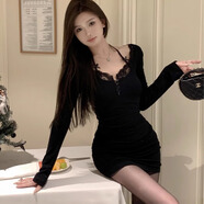 妙奕嘉包臀裙黑色性感連衣裙女裙子夏季新款掛脖緊身純欲辣妹蕾絲小媽裙 蕾絲掛脖長袖包臀裙 L 【建議100-115斤】