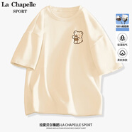 La Chapelle Sport拉夏貝爾短袖女夏季百搭休閑簡約韓版時(shí)尚運(yùn)動(dòng)透氣潮流t恤女裝 奶白色(甜品熊胸標(biāo)) M /160（推薦100-115斤）
