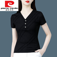 皮爾卡丹（pierre cardin）V領(lǐng)短袖上衣女修身顯瘦T恤2024夏季新款時(shí)尚高端中年氣質(zhì)洋氣小衫 黑色 5159 3個(gè)扣 L