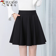 啄木鳥(niǎo)（TUCANO）半身裙女2026春季新款高腰蓬蓬裙a字百褶裙松緊腰黑色短裙大擺裙 黑色 有口袋45厘米短裙 有安褲 XL 建議118-138斤穿