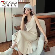 啄木鳥(niǎo)v領(lǐng)打底針織連衣裙女春秋新款中長(cháng)款毛衣吊帶裙冬季內搭背心長(cháng)裙 杏色(3345#針織吊帶裙) L (115斤-130斤)