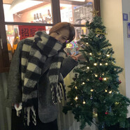 叕二叕  圍巾韓版新款男女秋冬時(shí)尚保暖女冬季大流蘇辮子撞色彩方格 黑白格