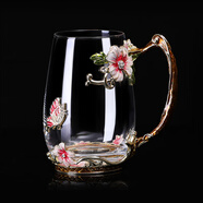 Luxury Flowers琺瑯彩水晶玻璃杯新款女士高顏值家用花茶杯子高檔辦公室精致水杯 紅蝴蝶菊高杯【無(wú)勺】