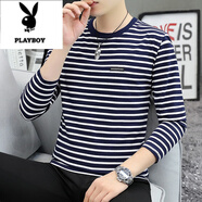 花花公子（PLAYBOY）長(cháng)袖T恤男春秋季打底衫純棉秋衣體恤上衣服青年潮流薄款條紋小衫 GW2221藏青色 M