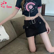 CTOX歐美辣妹牛仔半身裙褲女裝夏季2025年新款短裙防走光a字包臀裙子 黑色#腰帶款短裙 【帶內(nèi)襯】 M 95-105斤