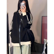 愛麥依撞色拼接立領(lǐng)衛(wèi)衣外套女夏百搭寬松中長款拉鏈棒球服運動上衣服 黑色 【版】 薄款 M 86-105斤【正版品質(zhì)】