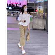 鹿依檸休閑褲女裝套裝2025夏季新款時尚減齡俏皮活潑小個子穿搭一整套 米白上衣 M （建議95-110斤）
