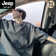 JEEP SPIRIT純白色美式重磅t恤男潮小領(lǐng)口精梳純棉短袖三本針加厚打底七分袖 深灰色新中式 4XL