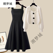 潮夢城春季套裝女裝韓版胖妹妹小香風(fēng)裙女早氣 杏色毛衣+黑色連衣裙兩件套微胖 M 溫柔韓系/御姐輕熟風(fēng)
