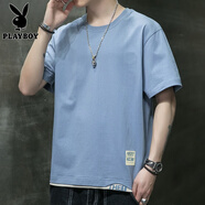 花花公子（PLAYBOY）純棉短袖男士t恤大碼夏季冰絲薄款半袖T上衣服潮流牌情侶透氣打底 16霧霾藍(lán) L