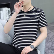 以純YISHION黑白條紋男士短袖t恤純棉潮流夏裝新款休閑百搭上衣韓版半袖體恤 黑條紋 GW2233 L