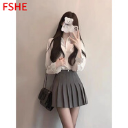 FSHE2025拉鏈長袖襯衫+灰色百褶裙套裝女 純欲穿搭張元英同款百褶裙 深灰色裙(單件) S