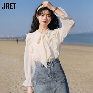 Jret法式蝴蝶結(jié)系帶雪紡衫女春季新款洋氣百搭襯衫荷葉邊打底衫上衣 白色 [雙層有內(nèi)里不透] M