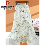 皮爾卡丹（pierre cardin）小個子雪紡碎花魚尾裙半身裙女春夏2025新款高腰荷葉邊包臀裙花裙 2024綠色  #82025 S