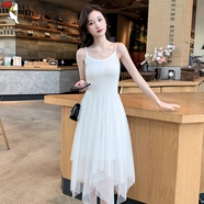 啄木鳥(niǎo)白色吊帶連衣裙女春秋外穿小個(gè)子網(wǎng)紗長(cháng)裙內搭打底顯瘦不規則裙子 白色 不規則吊帶裙 S 建議80-95斤