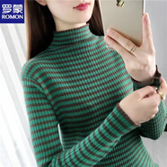 羅蒙（ROMON）2025秋冬打底衫女新款長(zhǎng)袖條紋毛衣高領(lǐng)修身內(nèi)搭拼色半高領(lǐng)針織衫 綠色 + M 建議101-115斤