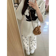 LXKP鹽系運動套裝女夏季韓版寬松短袖小狗爪印花闊腿褲學生休閑 站立貓灰色T恤+褲子【套裝】 S