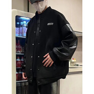 棒球服美式街頭字母黑色呢子PU皮袖子單排扣拼接長(zhǎng)袖夾克外套 黑色外套 M  【90-115斤】