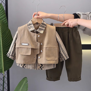 可歆寶貝男童春秋裝三件套新款寶寶馬甲三件套小童春秋衣服洋氣韓版潮襯衣 卡其色（韓系三件套） 110 碼建議3-4歲（身高105左右）