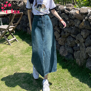 CTOX黑灰色開叉牛仔半身裙女中長夏裝2025年新款設(shè)計感小眾牛仔裙子女 復古藍  M 99-112斤