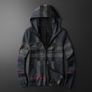 巴寶利亞輕奢莉新款秋季男士商務(wù)休閑格子印花連帽薄款夾克衫外套男大碼 黑灰 M