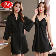 浪莎（LangSha）高檔冰絲綢薄款性感睡衣女情趣誘惑蕾絲吊帶睡裙睡袍兩件套裝夏秋 2052蕾絲兩件套黑色 M