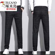 啄木鳥(niǎo)（TUCANO）2025秋季男士休閑長(cháng)褲子男格子褲修身小腳褲加絨條紋男褲英倫風(fēng)范 長(cháng)褲格子-黑色[春夏] 28 【90-100斤】