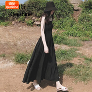吊帶連衣裙女士裙子夏季新款韓版吊帶一字肩連衣裙女長裙大擺小黑裙沙灘度假 黑色 XL (125-145斤)