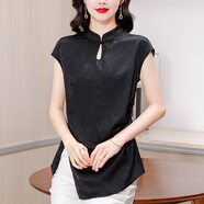 法蘿迪 雪紡衫女春夏新款韓版女裝碎花寬松中年女裝短袖襯衫 黑色 4XL