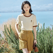 茵曼涼感撞色繡花女裝正肩短袖t恤2025夏季新品打底衫上衣 梨花杏1 S