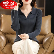 浪莎新款絲光棉針織衫女長(zhǎng)袖翻領(lǐng)韓版POLO領(lǐng)女士打底衫百搭顯瘦毛衣女 深灰色 XL 【120-140斤】