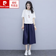 皮爾卡丹（pierre cardin）棉麻時尚套裝女2025夏季新款休閑裙子小個子連衣裙寬松亞麻兩件套 上白下藏青 M 體重105-115斤