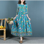 ROAR UTHAUG復(fù)古民族風(fēng)棉質(zhì)印花連衣裙女春夏季長款大擺裙寬松波西米亞長裙子 藍(lán)色 XL 135-150斤左右