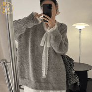 蔓草寇冬季2024年新款女裝奶呼呼軟糯灰色花邊套頭針織毛衣慵懶風高級感 灰色毛衣[下邊沒有蕾絲邊] M