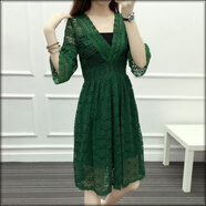 貝吉棋新款連衣裙夏女2025時(shí)尚蕾絲連衣裙大碼中長(cháng)裙喇叭袖V領(lǐng)A字裙 綠色 S 【80-100斤】