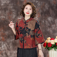 齊黛香云紗上衣女新中式媽媽裝50-60歲洋氣復(fù)古印花桑蠶絲真絲短外套 紅底牡丹 4XL /145-160斤