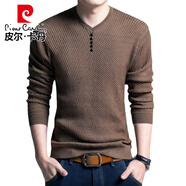 皮爾卡丹（pierre cardin）春秋季男裝V領(lǐng)針織衫單色性感肌肉男休閑長袖打底衫貼身簡潔毛衣 咖啡色 M 推薦90-110斤