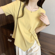 憶思減2025夏季不規(guī)則開叉短袖T恤女上衣胖mm大碼正肩顯瘦半袖體恤200斤 黃色 M 建議80-110斤