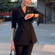 杜莎菲尼黑色系帶小西裝外套女秋冬新款職業(yè)修身OL通勤女神范長袖西服套裝 黑色西裝+褲子 XL