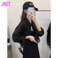 Jret短款雪紡防曬衣女襯衫配吊帶裙子外搭罩衫夏季披肩冰絲薄紗上衣 黑色 S