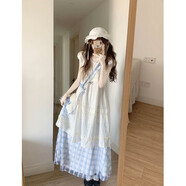 谷艦沐雷黛茜甜美可愛寬松白花邊色連衣裙女學(xué)生夏新款藍(lán)格紋半身裙兩件 【套裝】白色連衣裙+半身裙 S