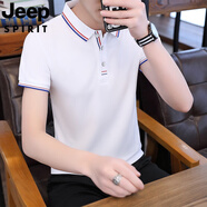 JEEP SPIRIT吉普春秋翻領t恤男長袖大碼寬松襯衫領Polo衫休閑純棉帶領打底衫 B 白色 S (建議80-99斤)