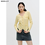 NEELLY納儷商場(chǎng)同款V領(lǐng)長袖針織衫綿羊毛春新款不規(guī)則下擺開衫女 陽光黃 M