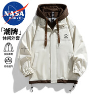 NASA MARVEL夾克男春秋季連帽假兩件透氣時(shí)尚防風(fēng)寬松情侶裝 米白色 XL