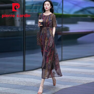 皮爾卡丹（pierre cardin）真絲連衣裙夏季2025新款大牌桑蠶絲重磅大碼遮肚短袖撞色氣質(zhì)長(cháng)裙 花色 XL 建議135-150斤