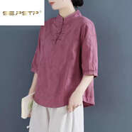 夏典素訂女王（SE.PSTP）品牌正.品女裝純棉復(fù)古盤扣棉麻中袖襯衫中式立領(lǐng)上衣t 磚紅色【提花100%棉五/分袖】今 4XL 145-160斤