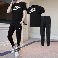 耐克（NIKE）休閑男裝套裝夏新款舒適透氣大LOGO寬松短袖T恤收口長褲兩件套 AR5005-010+FN3802-010 L/175